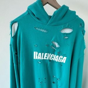 Balenciaga Ripped Oversized Logo Hoodie Teal